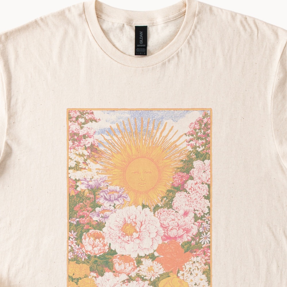 Celestial Sun Face Botanical Graphic Tee Nature Illustration